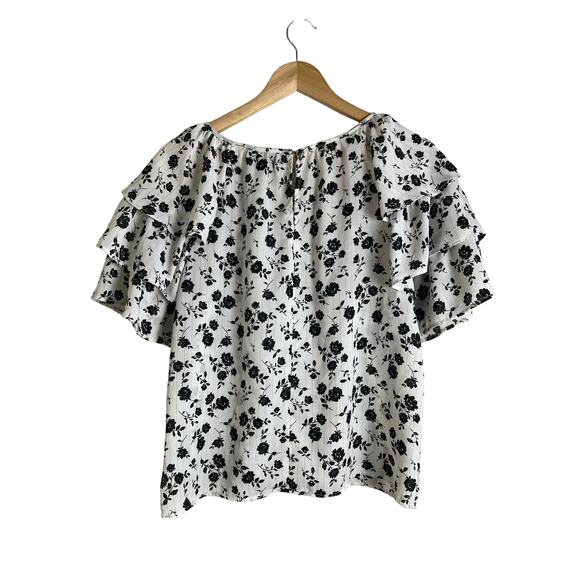 Alice Blue Women’s Black White Floral Ruffle Short Sleeve Blouse Small - Picture 2 of 9